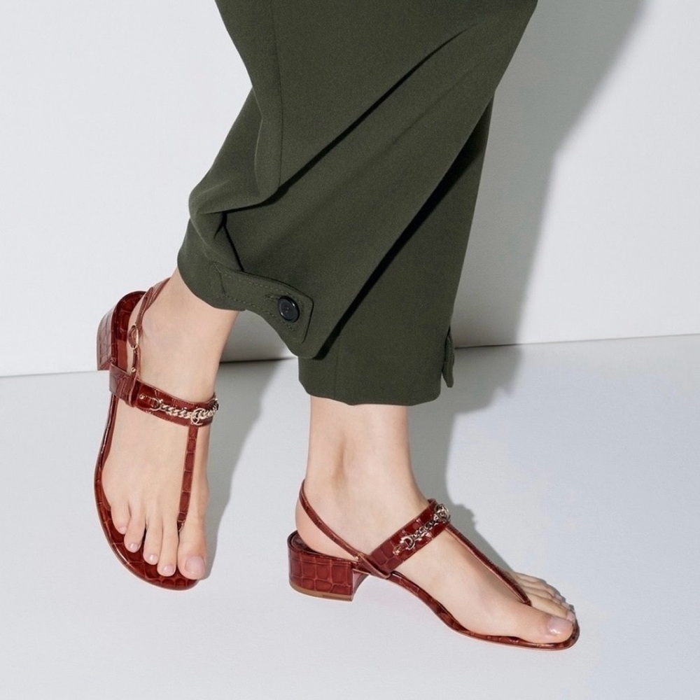 CHRISTIAN LOUBOUTIN MJ THONG CARAMEL BROWN CROC LEATHER SANDALS SZ 39 BLOCK HEEL